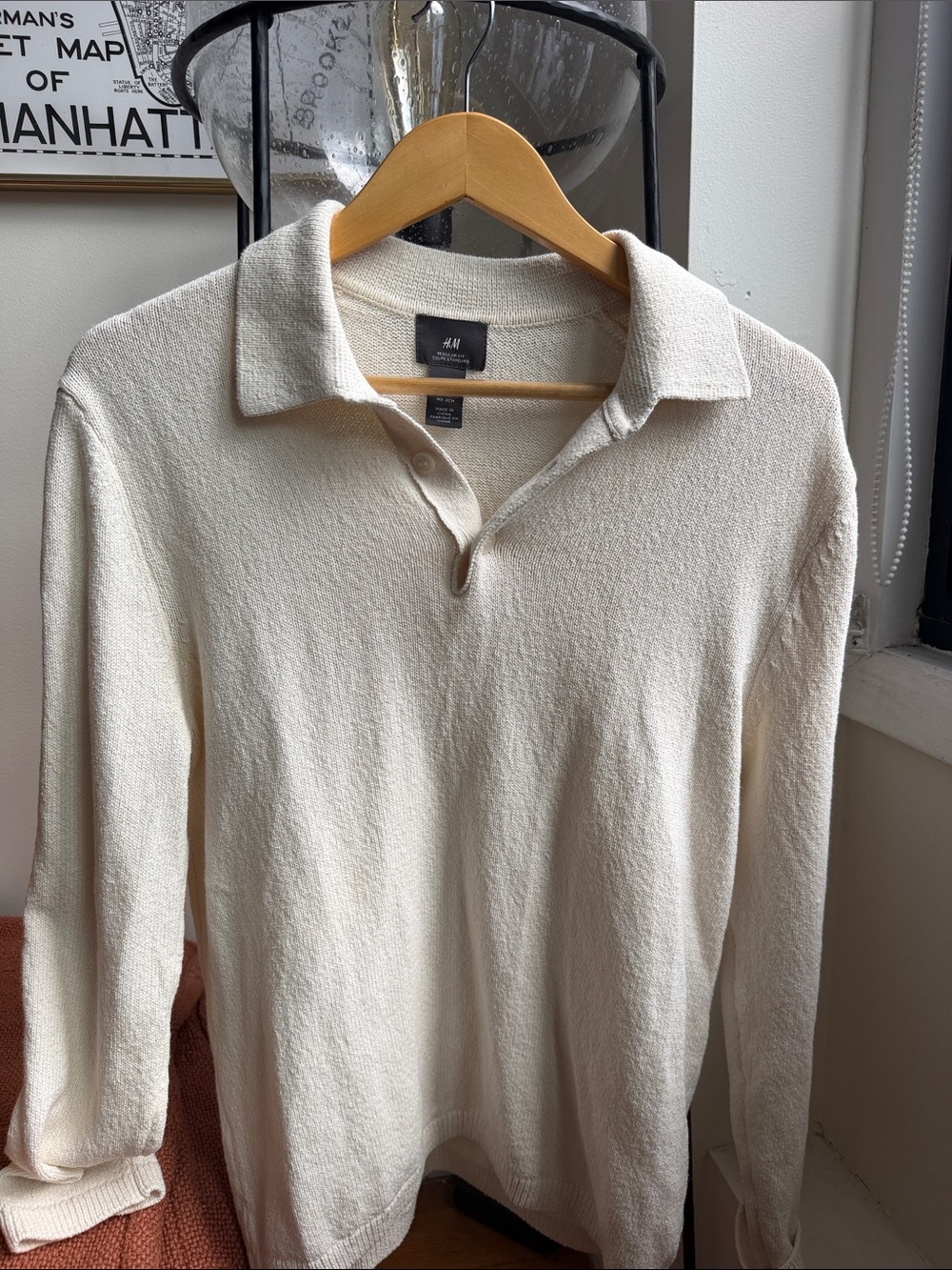 H&M Men’s Cream Long-Sleeve Polo Shirt
